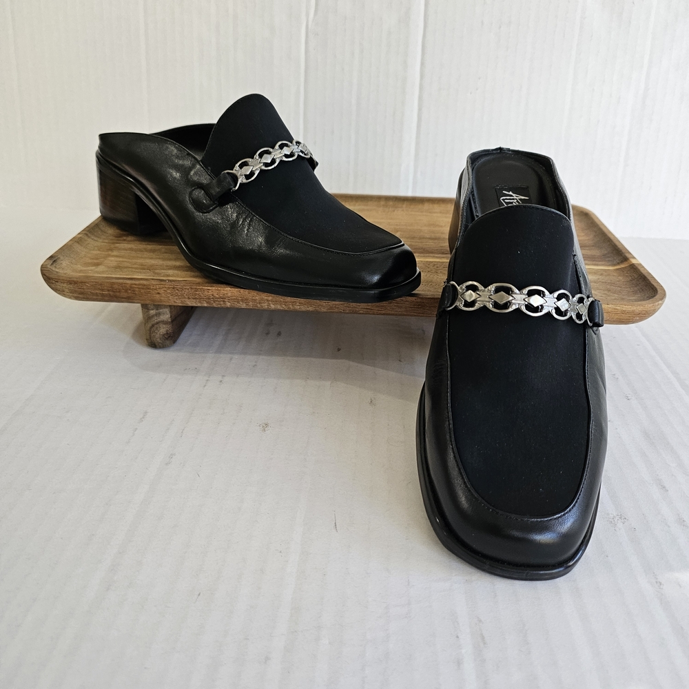 Artiva Black Wanda Mules Size 10 Leather Chain Detail Slip On 1.5 Inch Heel